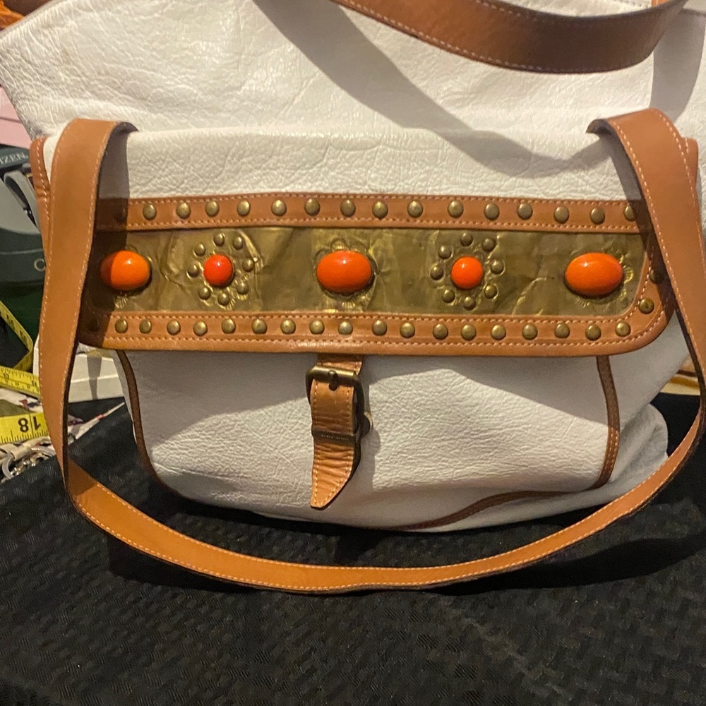 Foley’s Italian Soft leather White &Tan Tote w/Suede interior & Orange Accents